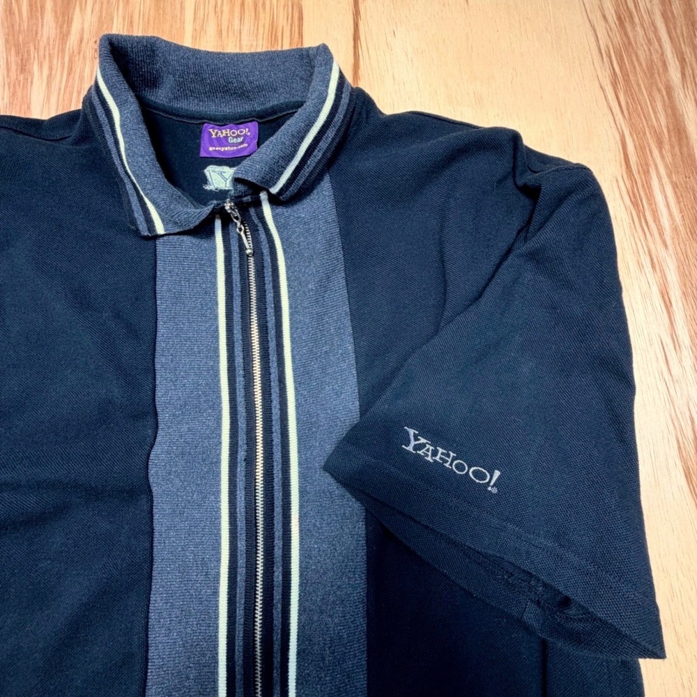 Vintage Yahoo! Gear Zip Polo Shirt Men's XL‎ Black Gray Stripe Y2K Techwear